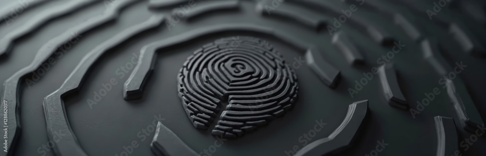 Fototapete fingerprint pattern close-up. geometric abstract tech background, 3d labyrinth embossed banner. dark
