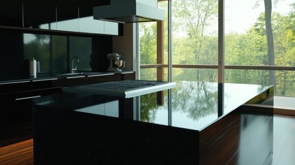 Modern black kitchen island, forest view, sunlight, home design