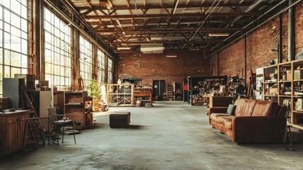Spacious Industrial Loft with Vintage Furniture and Natural Light