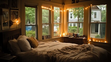 Cozy bedroom, string lights, rain, suburban view, home decor