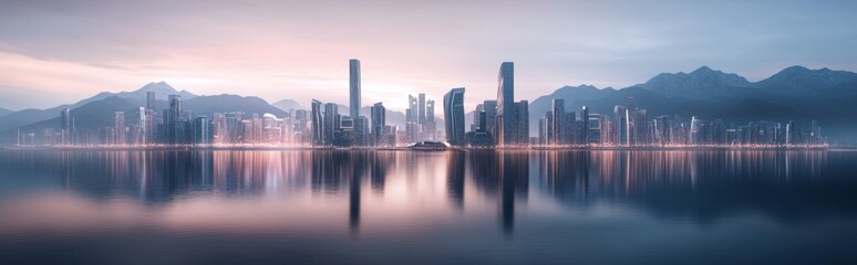 Naklejka premium Majestic urban skyline with mountain backdrop at dawn