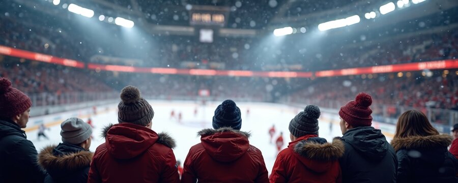 Fans in warm clothing watch live ice hockey game in brightly lit arena. The excitement of sport event in winter season shown from the back of spectators. People enjoy, cheer team players.