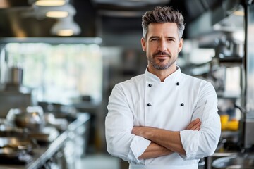 Obraz premium Portrait of confident chef crossing arms in restaurant kitchen, copy space