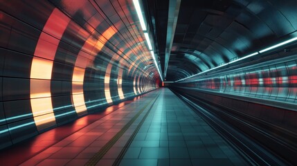 Obraz premium Subway Station Abstract: Metro Tunnel with Red and Teal Light Patterns AI Art