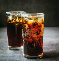 Cola soft drink with ice cubes, soda fizzy drink in Cold two glass on gray background