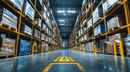 Fototapeta premium Spacious Warehouse Aisle with Rows of Palletized Goods and Shelves