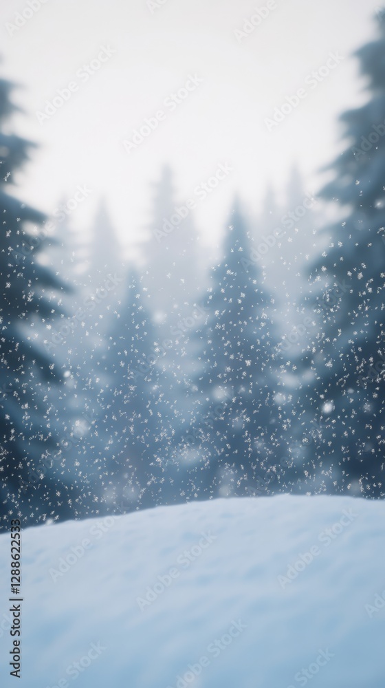 Poster snow gently falls in a tranquil forest, creating a serene winter scene. tall evergreen trees stand i