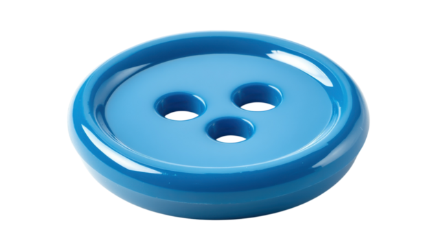 Colorful blue button with three holes placed against a plain white background in a studio setting