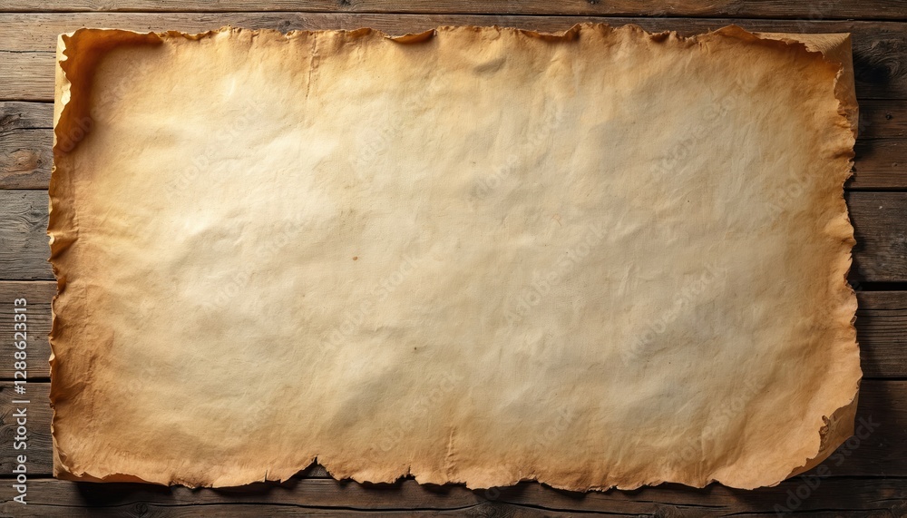 Poster old paper sheet with worn torn edges on wooden background. vintage parchment texture. ancient page f
