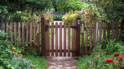 Charming Wooden Gate Opening to Lush Vibrant Garden Pathway