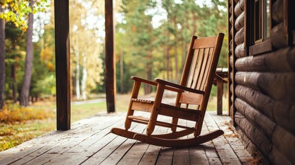 Cozy Wooden Rocking Chair on Serene Cabin Porch in Autumn Landscape