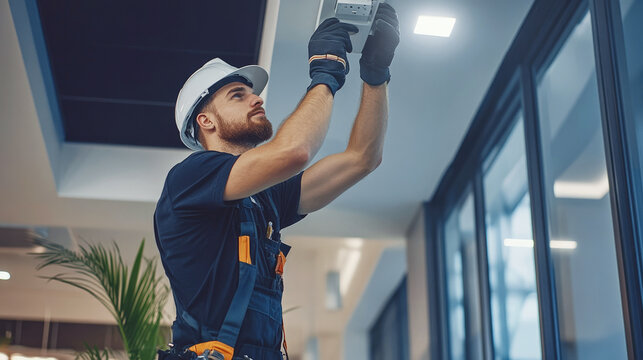 A professional electrician wearing a hard hat and gloves installs a ceiling light fixture in a modern office building, focusing on safety and precision.