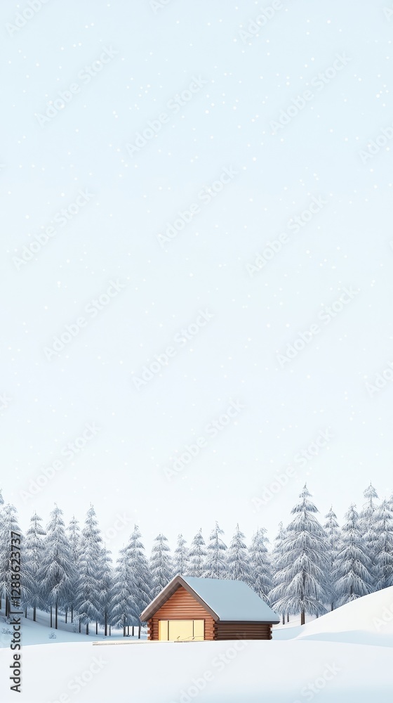 Poster light snow falling on a cozy wooden cabin nestled in a snowy forest, creating a serene and idyllic w