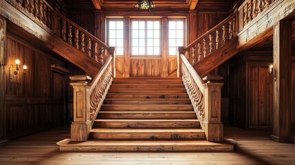 Obraz premium Elegant Wooden Staircase in Classic Interior Design with Natural Light