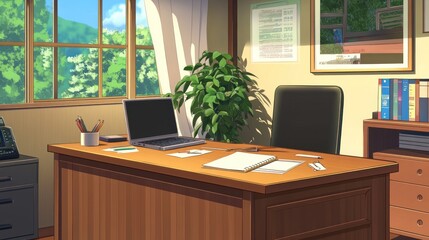 Sunny office desk, laptop, paperwork, mountain view, animation background