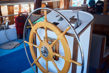 Steering wheel on a ship or yacht.