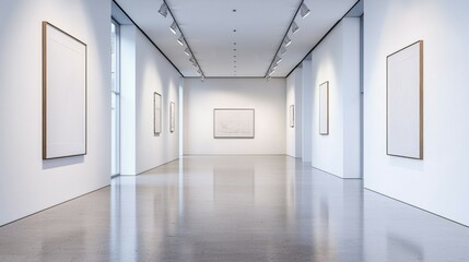 Modern Art Gallery Interior with Empty Frames and Bright Lighting