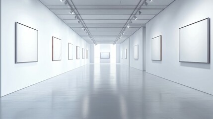Modern Art Gallery Interior with Empty Frames and Bright Lighting