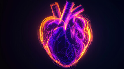 Human heart on a black background in purple and orange neon lines - banner - copy text