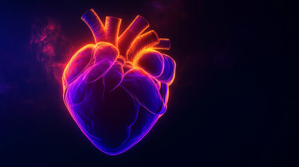 Human heart on a black background in purple and orange neon lines - banner - copy text