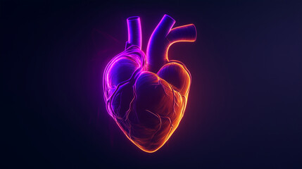 Human heart on a black background in purple and orange neon lines - banner - copy text