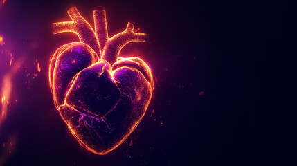 Human heart on a black background in purple and orange neon lines - banner - copy text