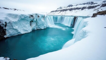 Glacial icefall with turquoise meltwater pool, landscape, meltwater, snow