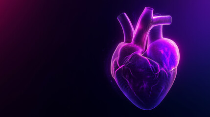 Human heart on a black background in purple and orange neon lines - banner - copy text