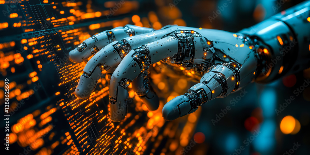 Poster advanced artificial intelligence platform with robotic hand interacting with digital data interface