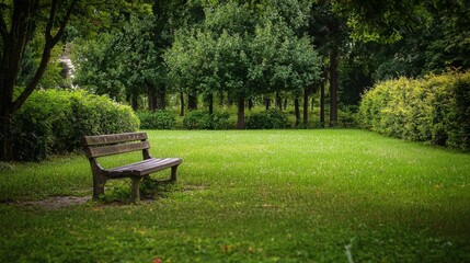 Fototapeta premium Serene Park Bench Surrounded by Lush Greenery and Trees