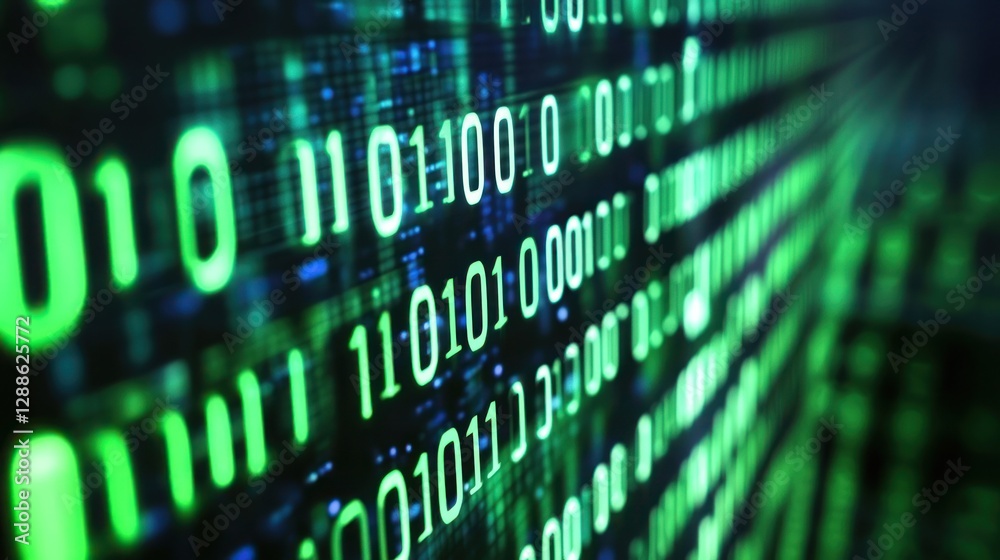 Poster abstract representation of binary code in green, showcasing digital data flow and technology