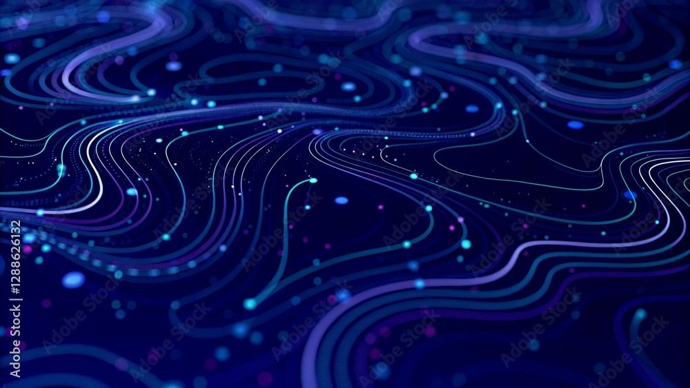 Poster Abstract digital background from rounded colored lines. Big data visualization. 3D rendering. Abstract colorful circular lines on a dark blue background. dynamic background.Futuristic neon swirl lines