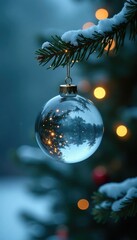 Fototapeta premium Glass ball suspended from branch with twinkling lights and snow-covered evergreen, soft blue glow, cozy ambiance, evergreen tree