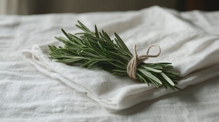 Close-Up of Hand-Tied Rosemary Sprigs on a Soft Linen Background