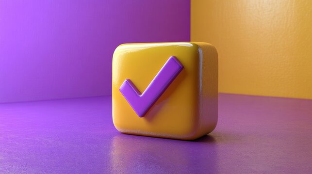 Yellow cube with purple check mark on purple background, abstract design. Modern aesthetics and graphic concept
