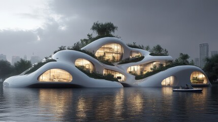 Futuristic eco-house floats on river, city skyline backdrop; architectural design