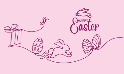 Happy Easter . Trendy Easter design with typography, hand painted strokes and dots, eggs, bunny ears, in pastel colors. Modern minimal style. Horizontal poster, greeting card, header for website