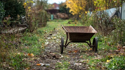 Rustic Wheelbarrow on a Muddy Path Surrounded by Autumn Foliage