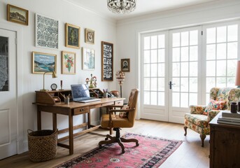 white vivid Home Office design Farmhouse Maximalist decor