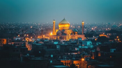 Obraz premium Golden Mosque Night Cityscape, Iran, Dusk, Travel