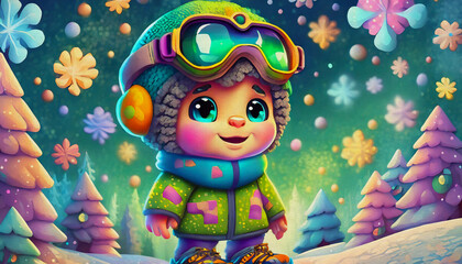 Naklejka premium oil painting style cartoon character illustration multicolored a cute baby a cartoon character wearing skis and goggles