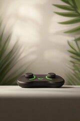 Stylish gaming controller resting on surface with lush green fol