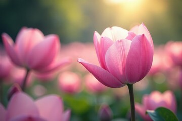 Obraz premium Soft pink petals unfolding in a serene landscape, gentle curves, organic shapes, serene environment