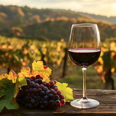 Glass of red wine on vineyard