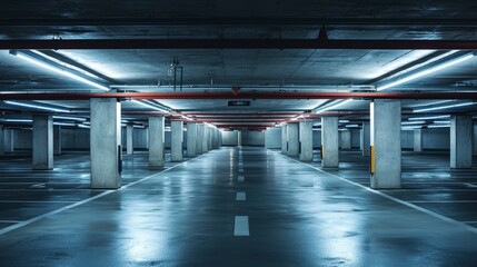 Empty Underground Parking Garage with Modern Lighting and Space