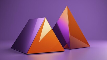 Digital artwork of glossy purple and orange triangles against a gradient background of purple and lavender