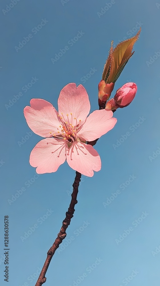 Poster pink flower in bloom with visible stamens and a closed bud on a thin branch against a clear blue sky