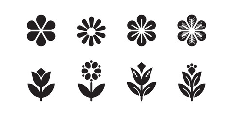 set of stylized, black and white flower icons. Vector Illustration of Decorative Black and White Flowers.