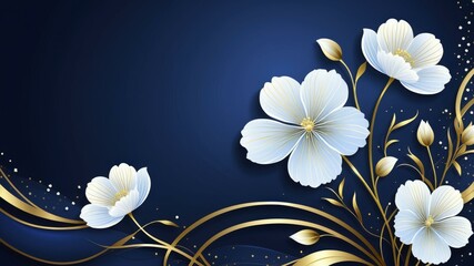 Digital floral design featuring white flowers with golden accents against a deep navy blue background