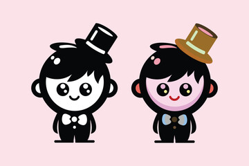 Cute cartoon characters in top hats, perfect for children's designs. Two adorable cartoon characters  are dressed in formal attire with top hats.